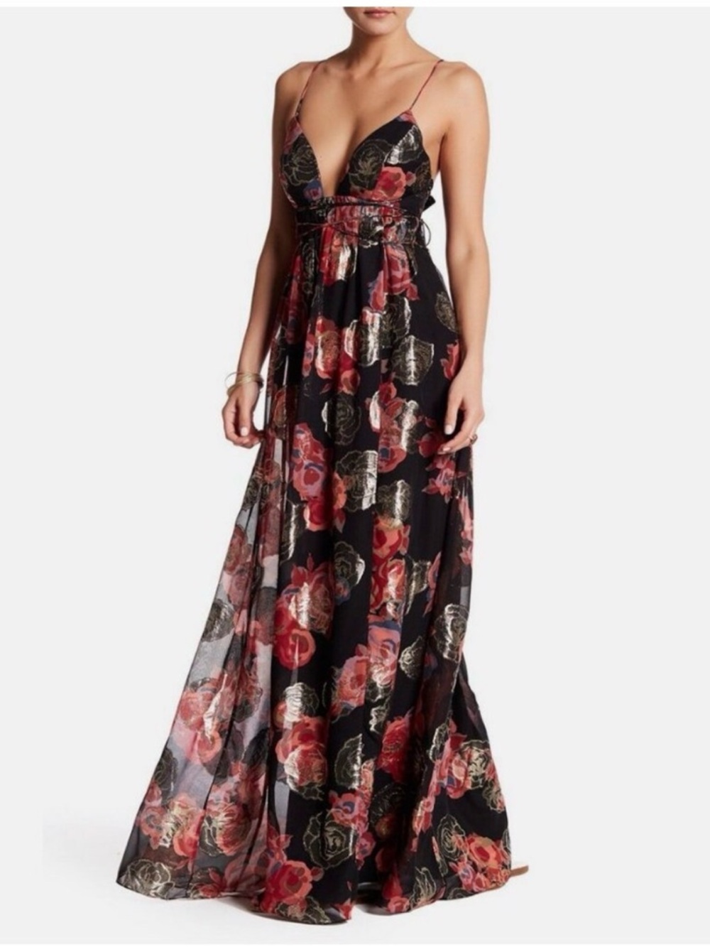 Free People “Shadows Silk Gown” – Black Floral Maxi Dress | Size 2 🌹✨
